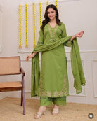 Pista Green Cotton Embroidery Straight Suit Set - BONYHUBSALWAR KAMEEZ