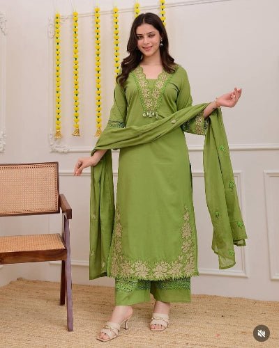 Pista Green Cotton Embroidery Straight Suit Set - BONYHUBSALWAR KAMEEZ