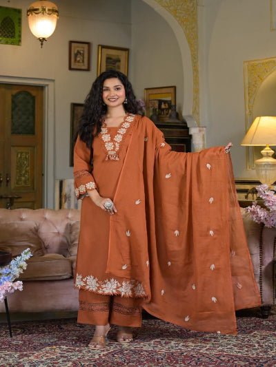 Warm Orange Cotton Embroidery Straight Suit Set - BONYHUBSALWAR KAMEEZ