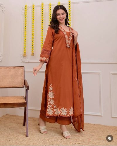 Warm Orange Cotton Embroidery Straight Suit Set - BONYHUBSALWAR KAMEEZ