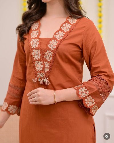 Warm Orange Cotton Embroidery Straight Suit Set - BONYHUBSALWAR KAMEEZ