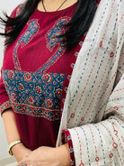 Elegant Maroon Cotton Patch Work Straight Suit Set - BONYHUBSALWAR KAMEEZ