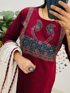 Elegant Maroon Cotton Patch Work Straight Suit Set - BONYHUBSALWAR KAMEEZ