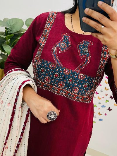 Elegant Maroon Cotton Patch Work Straight Suit Set - BONYHUBSALWAR KAMEEZ