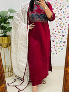 Elegant Maroon Cotton Patch Work Straight Suit Set - BONYHUBSALWAR KAMEEZ