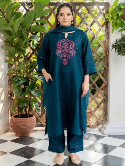 Dark Teal Cotton Floral Embroidery Straight Suit Set - BONYHUBSALWAR KAMEEZ