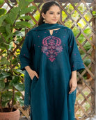 Dark Teal Cotton Floral Embroidery Straight Suit Set - BONYHUBSALWAR KAMEEZ