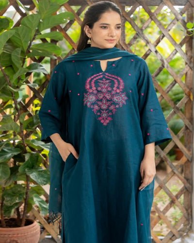 Dark Teal Cotton Floral Embroidery Straight Suit Set - BONYHUBSALWAR KAMEEZ