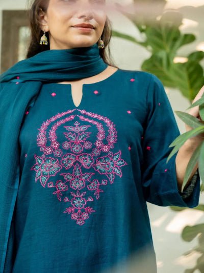 Dark Teal Cotton Floral Embroidery Straight Suit Set - BONYHUBSALWAR KAMEEZ