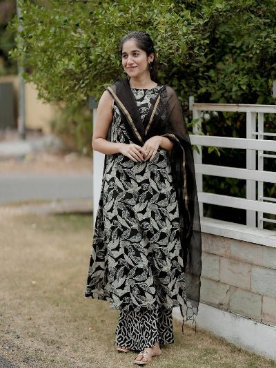 Black Printed Halter Neck Straight Suit Set - BONYHUBSALWAR KAMEEZ