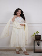 Beautiful White Embroidery Neck Yoke Cotton Straight Suit Set - BONYHUBSALWAR KAMEEZ