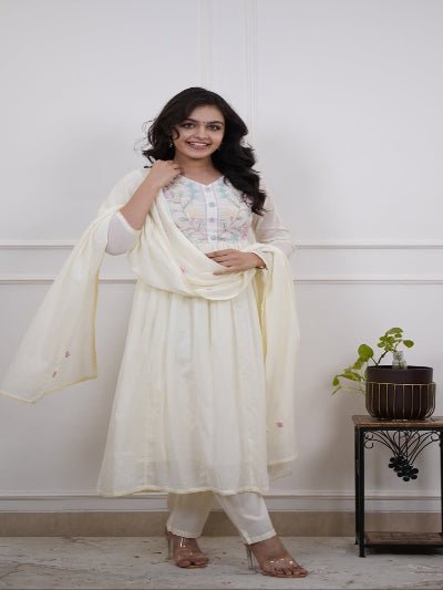 Beautiful White Embroidery Neck Yoke Cotton Straight Suit Set - BONYHUBSALWAR KAMEEZ