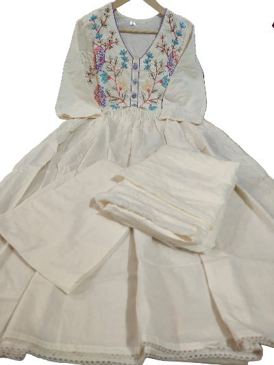 Beautiful White Embroidery Neck Yoke Cotton Straight Suit Set - BONYHUBSALWAR KAMEEZ