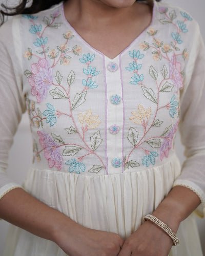 Beautiful White Embroidery Neck Yoke Cotton Straight Suit Set - BONYHUBSALWAR KAMEEZ