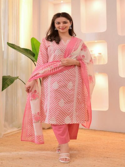 Elegant Pink Cotton Printed Straight Suit Set - BONYHUBSALWAR KAMEEZ