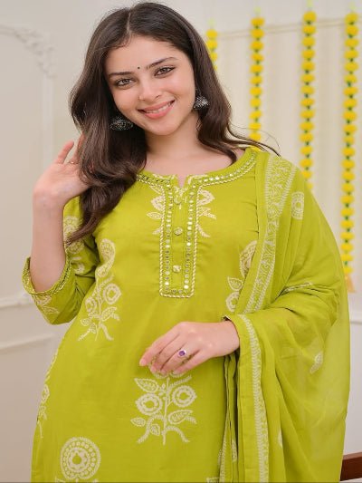 Trendy Lime Green Cotton Printed Straight Suit Set - BONYHUBSALWAR KAMEEZ