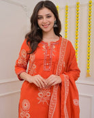 Classic Orange Cotton Printed Straight Suit Set - BONYHUBSALWAR KAMEEZ