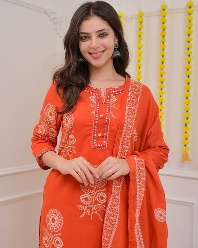Classic Orange Cotton Printed Straight Suit Set - BONYHUBSALWAR KAMEEZ