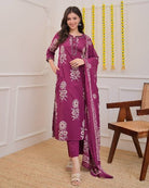 Stylish Purple Cotton Printed Straight Suit Set - BONYHUBSALWAR KAMEEZ