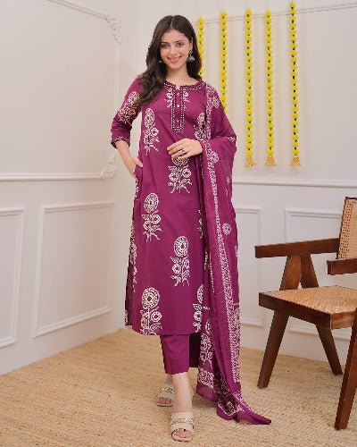 Stylish Purple Cotton Printed Straight Suit Set - BONYHUBSALWAR KAMEEZ