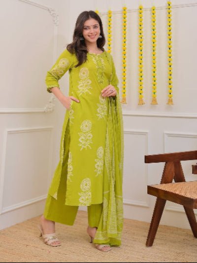 Trendy Lime Green Cotton Printed Straight Suit Set - BONYHUBSALWAR KAMEEZ