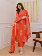 Classic Orange Cotton Printed Straight Suit Set - BONYHUBSALWAR KAMEEZ