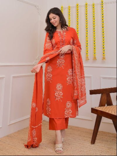 Classic Orange Cotton Printed Straight Suit Set - BONYHUBSALWAR KAMEEZ