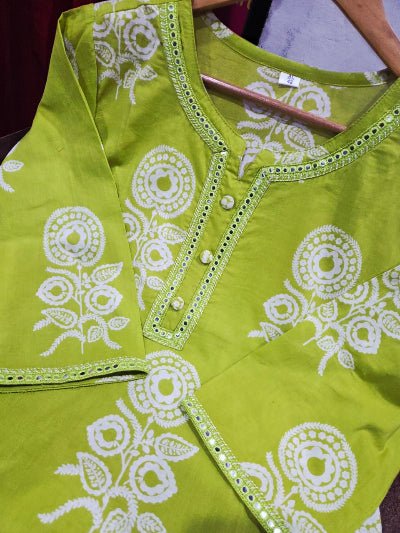 Trendy Lime Green Cotton Printed Straight Suit Set - BONYHUBSALWAR KAMEEZ