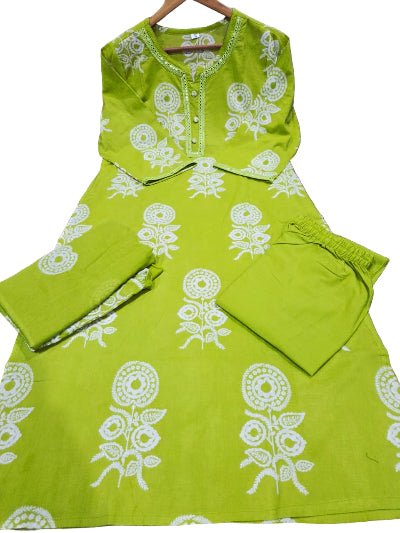 Trendy Lime Green Cotton Printed Straight Suit Set - BONYHUBSALWAR KAMEEZ