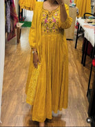 Elegant Yellow Flaired Embroidered Pure Cotton Anarkali Suit Set - BONYHUBSALWAR KAMEEZ