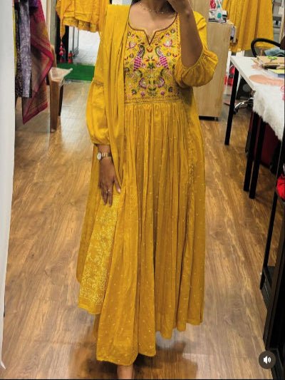 Elegant Yellow Flaired Embroidered Pure Cotton Anarkali Suit Set - BONYHUBSALWAR KAMEEZ