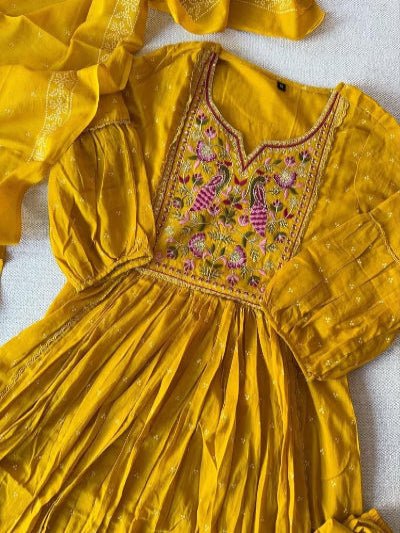 Elegant Yellow Flaired Embroidered Pure Cotton Anarkali Suit Set - BONYHUBSALWAR KAMEEZ