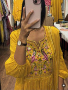 Elegant Yellow Flaired Embroidered Pure Cotton Anarkali Suit Set - BONYHUBSALWAR KAMEEZ