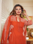 Trendy Orange Hand Work Cotton Straight Suit Set - BONYHUBSALWAR KAMEEZ
