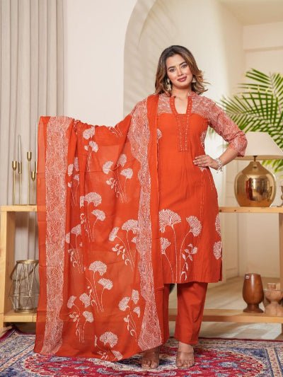 Trendy Orange Hand Work Cotton Straight Suit Set - BONYHUBSALWAR KAMEEZ