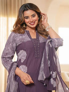 Dusty Purple Cotton Hand Work Straight Suit Set - BONYHUBSALWAR KAMEEZ