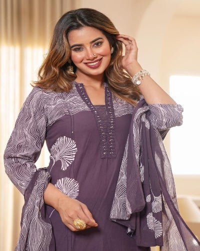Classic Lilac Cotton Hand Work Straight Suit Set - BONYHUBSALWAR KAMEEZ