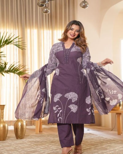Classic Lilac Cotton Hand Work Straight Suit Set - BONYHUBSALWAR KAMEEZ