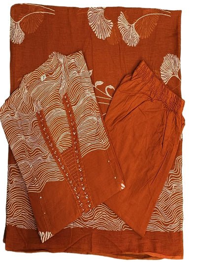 Trendy Orange Hand Work Cotton Straight Suit Set - BONYHUBSALWAR KAMEEZ