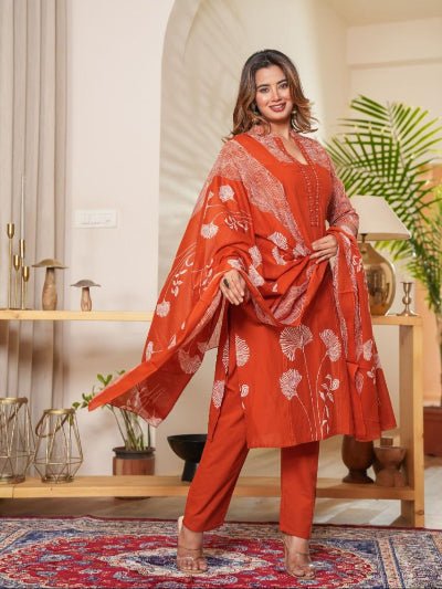 Trendy Orange Hand Work Cotton Straight Suit Set - BONYHUBSALWAR KAMEEZ