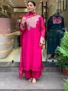 Stunning Hot Pink Embriodery Work Cotton Straight Suit Set - BONYHUBSALWAR KAMEEZ