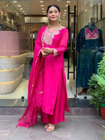 Stunning Hot Pink Embriodery Work Cotton Straight Suit Set - BONYHUBSALWAR KAMEEZ