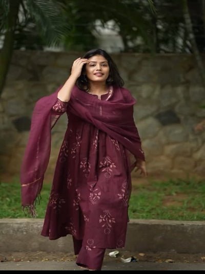 Stylish Burgandy Cotton Straight Suit Set - BONYHUBSALWAR KAMEEZ