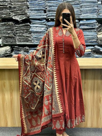 Classic Burnt Red Katha Embroidery Cotton Straight Suit Set - BONYHUBSALWAR KAMEEZ