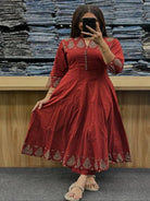 Classic Burnt Red Katha Embroidery Cotton Straight Suit Set - BONYHUBSALWAR KAMEEZ