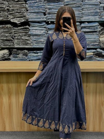 Classic Navy Blue Katha Embroidery Cotton Straight Suit Set - BONYHUBSALWAR KAMEEZ