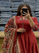 Classic Burnt Red Katha Embroidery Cotton Straight Suit Set - BONYHUBSALWAR KAMEEZ