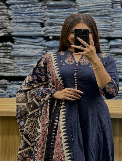 Classic Navy Blue Katha Embroidery Cotton Straight Suit Set - BONYHUBSALWAR KAMEEZ