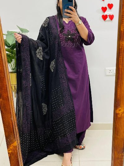 Trendy Purple Neck handwork Cotton Straight Suit Set - BONYHUBSALWAR KAMEEZ