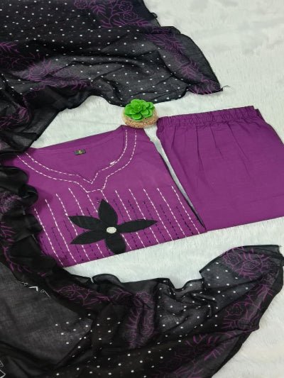 Trendy Purple Neck handwork Cotton Straight Suit Set - BONYHUBSALWAR KAMEEZ